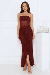Spark Soirée Strapless Mesh Maxi Dress Burgundy