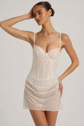 Semi-Sheer Embellished Draped Corset Mini Dress in White
