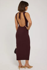 Luck & Trouble Rib High Neck Open Back Knit Midi Dress Brown