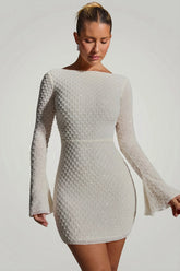Embellished Open-Back A-Line Mini Dress in White