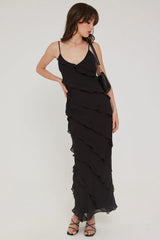 Perfect Stranger Chiffon Ruffle Maxi Dress Black