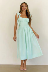 Sweetest Escape Ruched Tie Shoulder Midi Dress Mint