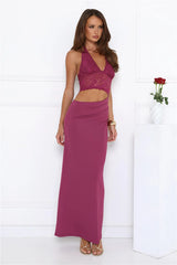 Sway In Moonbeams Halter Lace Maxi Dress Plum