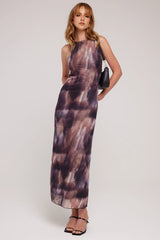 Luck & Trouble Cascade High Neck Recycled Mesh Midi Dress Brown Print