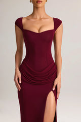 Modal Sweetheart-Neck Cowl-Waist Maxi Dress in Wine