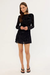 Luck & Trouble Ulla Flocked Long Sleeve Mini Dress Black