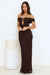 High End Highlights Off Shoulder Maxi Dress Brown