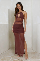 Doll Behaviour Mesh Halter Maxi Dress Brown