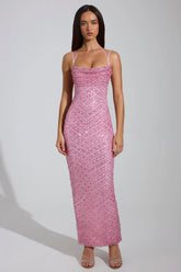 Embellished Cowl-Neck Maxi Dress in Pink