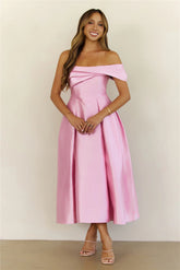 Timeless Satin Folded Off Shoulder Midi Dress Pink