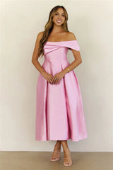 Timeless Satin Folded Off Shoulder Midi Dress Pink