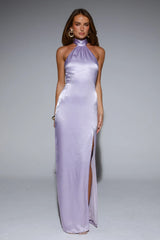 Effortless Luxe Halter Satin Maxi Dress Lilac