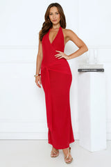 Sleek Bloom Halter Maxi Dress Red
