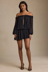 Off-Shoulder Asymmetric Balloon-Sleeve Mini Dress in Black