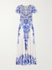 Embellished printed ruffled silk-crepe midi dress