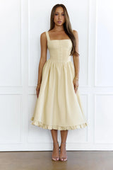 Chic Pleated Corset Bodice Midi Dress Yellow