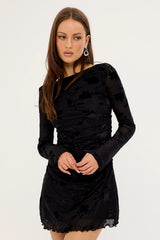 Luck & Trouble Ulla Flocked Long Sleeve Mini Dress Black
