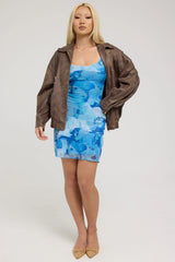 Perfect Stranger Romantic Blues Recycled Mesh Mini Dress Blue Print
