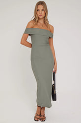 Luck & Trouble Off Shoulder Maxi Dress Khaki Green