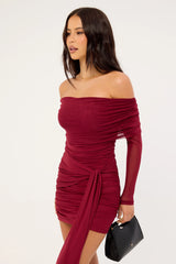 Luck & Trouble Elyse Off Shoulder Recycle Long Sleeve Mini Dress Burgundy