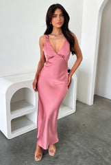 Delayne V-Neck Satin Midi Dress - Rose