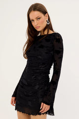Luck & Trouble Ulla Flocked Long Sleeve Mini Dress Black