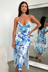 Jennifer Satin Midi Dress - Dark Blue Floral