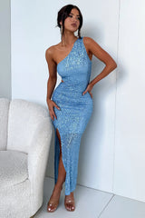 Dura One Shoulder Sequin Midi Dress - Blue Sequin