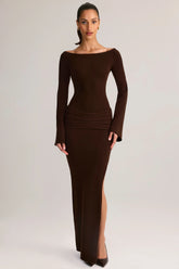 Rib-Knit Boat-Neck Long-Sleeve Maxi Dress in Chocolate Brown