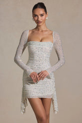 Embellished Draped Cowl-Neck Mini Dress in White