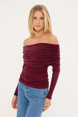 Luck & Trouble Bella Off Shoulder Long Sleeve Top Burgundy