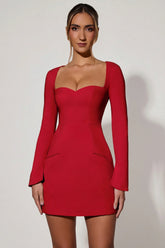 Sweetheart-Neck Long-Sleeve A-Line Mini Dress in Red