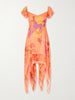Guava Flores ruffled asymmetric lace-trimmed silk-chiffon midi dress