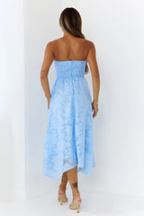 Charming Bow Textured Strapless Midi Dress Blue