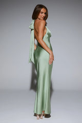 VIP Energy Satin Scarf Halter Maxi Dress Sage