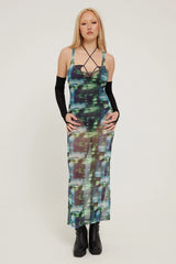 Neovision Distorted Dimension Mesh Maxi Dress Green Print