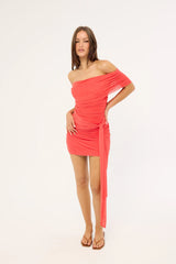 Luck & Trouble Elyse Recycled Off Shoulder Mini Dress Coral