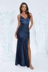 Silver Moonlight Satin Maxi Dress Navy
