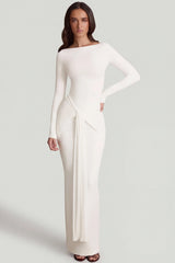 Soft Jersey Boat-Neck Tie-Gather Maxi Dress in White