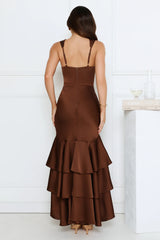Formal Whimsy Satin Maxi Dress Brown