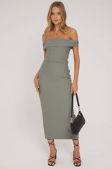 Luck & Trouble Off Shoulder Maxi Dress Khaki Green