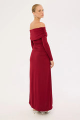 Perfect Stranger Rosetta Off shoulder Long Sleeve Maxi Dress Burgundy