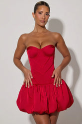 Cut-Out Bubble Hem Corset Mini Dress in Red