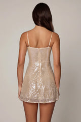 Embellished V-neck Lace Mini Dress in Pale Peach
