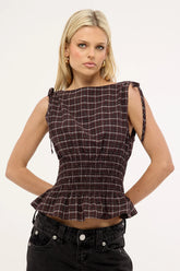Luck & Trouble Andie Ruched Tie Top Brown Check