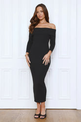 Chilled Luxe Off Shoulder Knit Maxi Dress Black