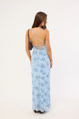 Luck & Trouble Claudia Lace Up Flocking Maxi Dress Blue