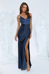 Silver Moonlight Satin Maxi Dress Navy