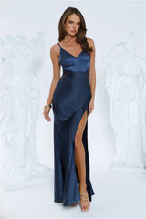 Silver Moonlight Satin Maxi Dress Navy