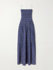 Shirred printed cotton midi dress
